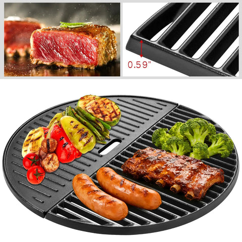 18 Inch Half Moon Cooking Grate And Reversible Griddle For Kamado Joe Classic I II III Large Big Green Egg Vision Grill displaying grilled foods