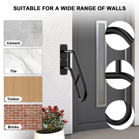 U Shaped Safety Handrails Built Tough For Indoor And Outdoor Steps Heavy Duty Stair Railing installed on different wall types.