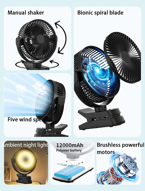 8 Inch Magnetic Clip On Fan For Golf Cart With 12000mAh Battery, Portable Fan With 5 Speeds And LED Lantern, Magnetic Base