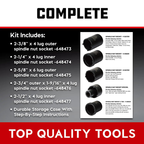 Spindle Nut Socket Set Five Piece for 4x4 SUVs and Light Trucks with size markings and storage case displayed on a list.