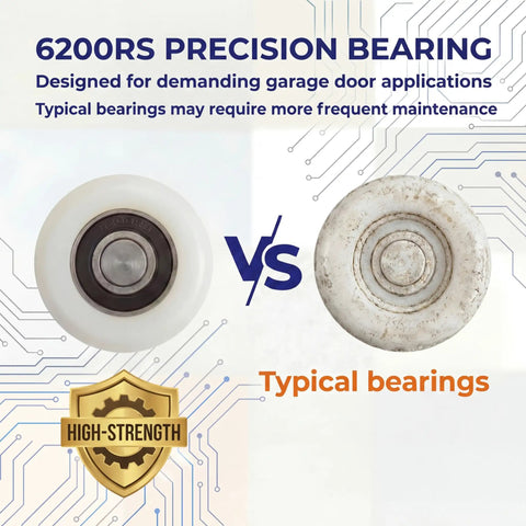 Comparison of 6200RS precision bearing with typical bearing for 10 Pack 7 Inch Stem 2 Inch Sealed Nylon Garage Door Rollers Ultra Quiet Long Lasting High Load Uses 6200 Double Seals Precision Bearings For Home And Commercial Use