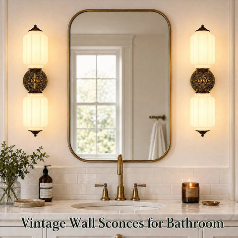 govahb 2-Light Hardwired Wall Sconces, Vintage Wall Sconce Milk Glass illuminated above a bathroom mirror with bronze accents.