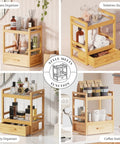 Four views of a Two Tier Bathroom Countertop Organizer With Hidden Drawer Bamboo Vanity Storage For Skincare, Makeup, and More