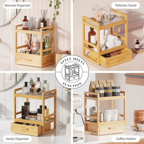 Four views of a Two Tier Bathroom Countertop Organizer With Hidden Drawer Bamboo Vanity Storage For Skincare, Makeup, and More