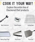 Pizza Cutter Rocker by Checkered Chef, 14in, with six tools including meat tenderizer, salad chopper, cooling rack.