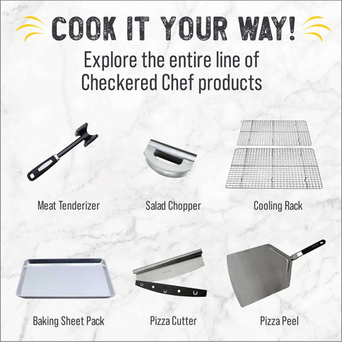 Pizza Cutter Rocker by Checkered Chef, 14in, with six tools including meat tenderizer, salad chopper, cooling rack.
