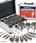Front view of HIDOTOL 20-piece carbide hole saw kit in aluminum case with titanium pilot and L-wrench.