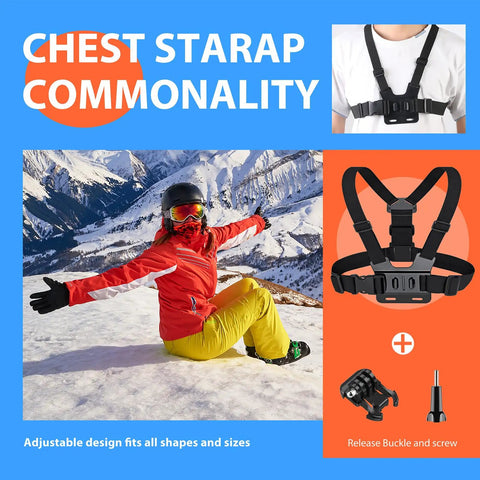 Chest strap from 70in1 Action Camera Accessories Kit for GoPro and most cameras, featuring adjustable fit, buckle, and screw mount.