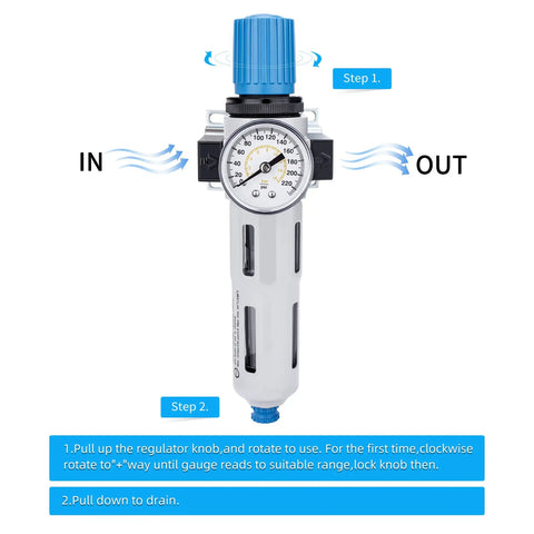 Workhorse 3/8 NPT High Pressure Air Filter Regulator With Water And Oil Trap Separator, Gauge, instructions shown
