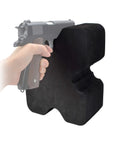 Two Pack Portable Shooting Rest Benches For Rifles, Pistol And Shotgun - Lightweight, Stable V-Block Design, hand holding pistol