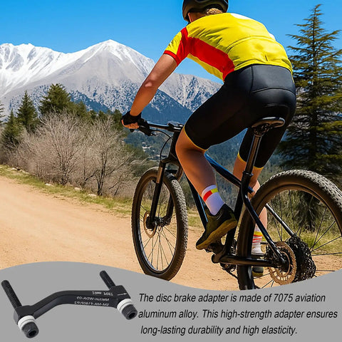 Cyclist on mountain trail using 20mm MTB Disc Brake Adapter For 74mm Post Mount Frames Lets You Run 160mm On 180mm Post Or 200 And 203mm Rotors On 180mm Post With Caliper Bracket For MTB And Road Bikes Upgrade, with product close-up.