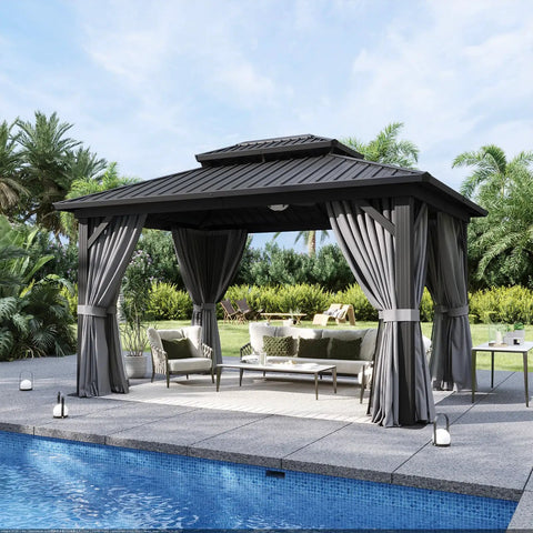 Hardtop 10x14 Gazebo With Aluminum Frame And Double Galvanized Steel Roof Outdoor Metal Pavilion With Netting And Curtains
