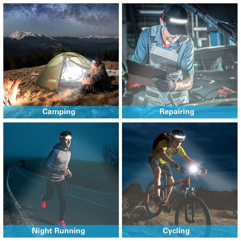 Rechargeable 2 LED Headlamp With Wide Beam And Red Tail Light For Adults And Kids used for camping, repairing, running, and cycling.