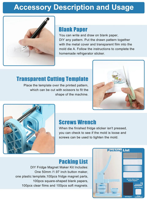 No Sweat DIY Fridge Magnet Button Press Machine With Complete One Hundred Piece Starter Pack For 50 Millimeter Square Photo Crafts. Image showing blank paper and tools for DIY projects.