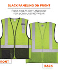 Rock Solid Class 2 High Visibility Safety Vest Featuring Hella Breathable Mesh Back And Sleek Black Front Zip Closure With Multiple Utility Pockets For Crews, showing front and back views.