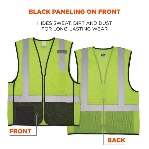 Rock Solid Class 2 High Visibility Safety Vest Featuring Hella Breathable Mesh Back And Sleek Black Front Zip Closure With Multiple Utility Pockets For Crews, showing front and back views.