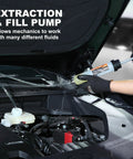 FOUR UNCLES 200cc oil extractor pump with 23-inch hose and two 12-inch tubes in a car engine bay