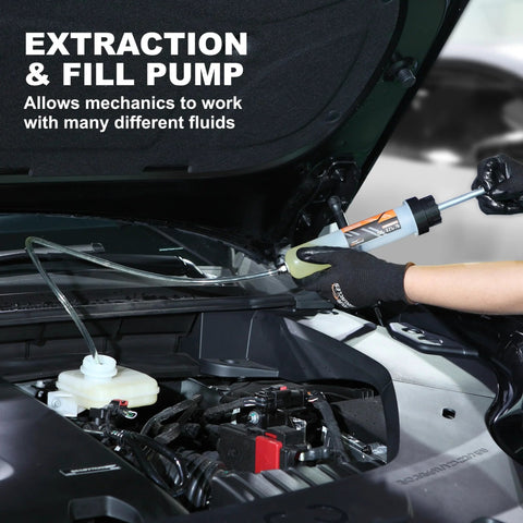 FOUR UNCLES 200cc oil extractor pump with 23-inch hose and two 12-inch tubes in a car engine bay