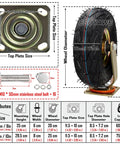 Heavy Duty Industrial Caster Wheel Set Of Four Featuring Shock Absorbing Pneumatic Rubber Tires And Tough As Nails Swivel Fixed Plate Brakes For No Fuss Shop Upgrades, detailed dimensions and components of caster wheel.