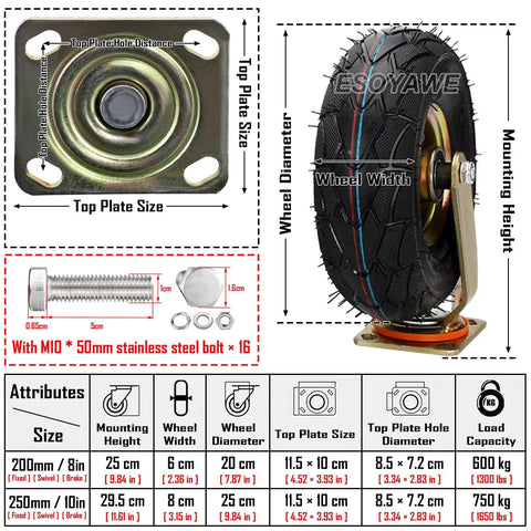 Heavy Duty Pneumatic Rubber Caster Wheels Real Deal Silent Glide Swivel Brake Set Of Four With Mounting Hardware, 200mm tire, industrial plate design.