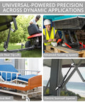 Composite image showing the use of 12V Heavy Duty Linear Actuator 450 Lbs 2000N, 6 Inch Stroke 150 Mm, Silent IP54 Electric Actuator in various applications including vehicle tip lift, handling system, medical bed, and sunroof opener.