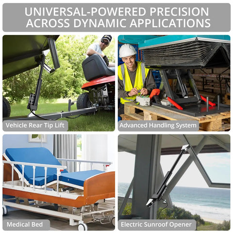Composite image showing the use of 12V Heavy Duty Linear Actuator 450 Lbs 2000N, 6 Inch Stroke 150 Mm, Silent IP54 Electric Actuator in various applications including vehicle tip lift, handling system, medical bed, and sunroof opener.