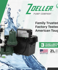 Complete Sump Pump Setup With Tough One Half HP Motor And Smart 12 Volt DC Battery Backup Beats Rough Weather With Full Kit, featuring motor and battery.