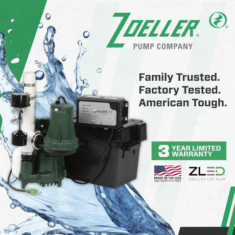 Complete Sump Pump Setup With Tough One Half HP Motor And Smart 12 Volt DC Battery Backup Beats Rough Weather With Full Kit, featuring motor and battery.