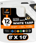 Ultra Heavy Duty White Poly Tarp 8 By 10 Feet, label showing 12 mil thickness, grommets visible on rolled tarp