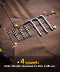 Woodworking Apron With 9 Tool Pockets And Magnetic Chest Holders showing magnet holding tools on 20 oz waxed canvas