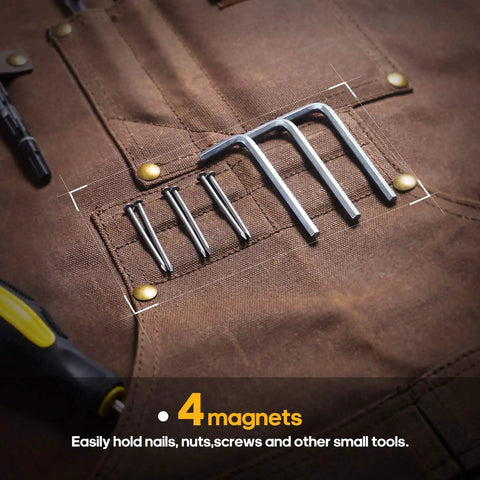 Woodworking Apron With 9 Tool Pockets And Magnetic Chest Holders showing magnet holding tools on 20 oz waxed canvas