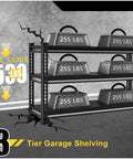 Heavy Duty Metal Garage Shelving Unit 1530 Lbs Total Capacity, 3 Tier Adjustable Storage Racks, 48W X 18D X 39H Black For Garage Basement And Kitchen, Built Like A Tank, Ready To Tackle Clutter. 3-tier metal rack with 255 lbs per shelf