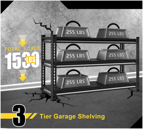 Heavy Duty Metal Garage Shelving Unit 1530 Lbs Total Capacity, 3 Tier Adjustable Storage Racks, 48W X 18D X 39H Black For Garage Basement And Kitchen, Built Like A Tank, Ready To Tackle Clutter. 3-tier metal rack with 255 lbs per shelf