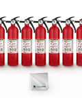 Get Your House Fortified With This Killer Set Of Seven Red Multipurpose Fire Extinguishers Rated 1-A 10-B-C Including A Sturdy Cleaning Cloth To Keep Your Gear Looking Sharp And Always Ready When You Need It Most, featuring multiple fire extinguishers with instruction labels.