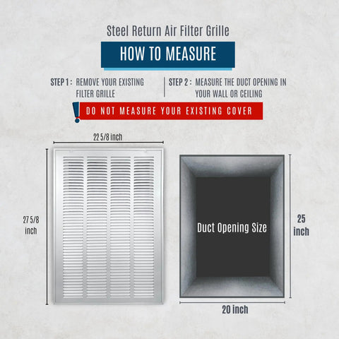 Steel Return Air Grille With Removable Door For 1-Inch Filters White HVAC Vent Cover Fits 20x25 Wall Duct Opening How to Measure Guide