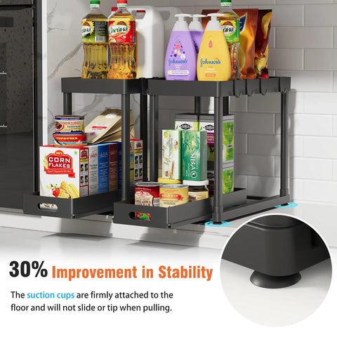 Heavy Duty Pull Out Under Sink Organizer Drawers Set Of Two Black Gliding Kitchen Cabinet Storage Carts For Bathroom Vanity Organization With Anti Slip Base And Steel Frame To Handle Any Mess Without A Sweat featuring stable suction cups.