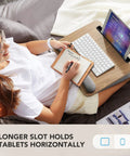 Woman using Portable Laptop Lap Desk With Pillow Cushion, Fits Up To 15.6 Inch Laptops, Anti Slip Strip, Built In Storage, on bed