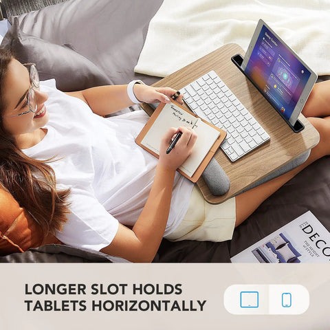 Woman using Portable Laptop Lap Desk With Pillow Cushion, Fits Up To 15.6 Inch Laptops, Anti Slip Strip, Built In Storage, on bed
