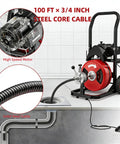 100 Foot Auto Feed Drain Snake With Three Quarter Inch Electric Drain Auger For Kickin Stubborn Clogs Out Of Pipes And Toilets Smooth Sewer Cleaning Machine With Heavy Duty Interchangeable Cutters, showing steel core cable and motor.