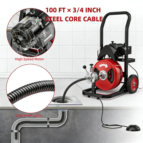 100 Foot Auto Feed Drain Snake With Three Quarter Inch Electric Drain Auger For Kickin Stubborn Clogs Out Of Pipes And Toilets Smooth Sewer Cleaning Machine With Heavy Duty Interchangeable Cutters, showing steel core cable and motor.
