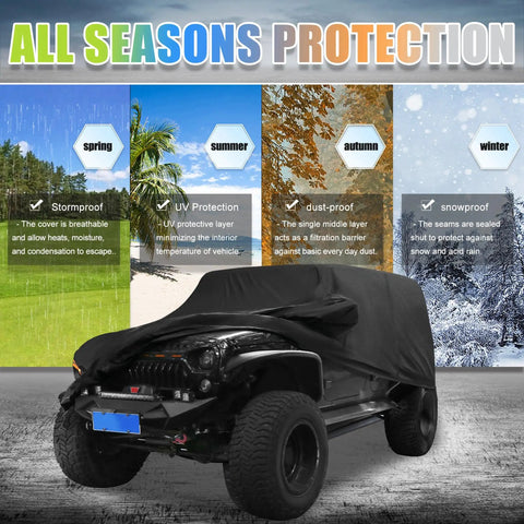 Outdoor Heavy Duty Car Cover For Jeep Wrangler 4 Door JK JL TJ YJ From 2007 To 2021 Waterproof Dust Wind Snow Protection displayed outdoors.