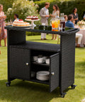 Outdoor Rolling Bar Cart With Storage Cabinet And Tempered Glass Top PE Rattan Grill Cart for Patio and BBQ Serving