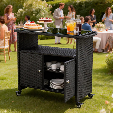 Outdoor Rolling Bar Cart With Storage Cabinet And Tempered Glass Top PE Rattan Grill Cart for Patio and BBQ Serving