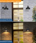 Two Pack Dusk To Dawn Outdoor Wall Sconces illuminating porch entrance, matte black gooseneck barn light, vintage farmhouse vibe.
