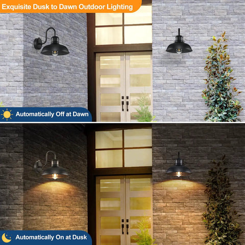 Two Pack Dusk To Dawn Outdoor Wall Sconces illuminating porch entrance, matte black gooseneck barn light, vintage farmhouse vibe.