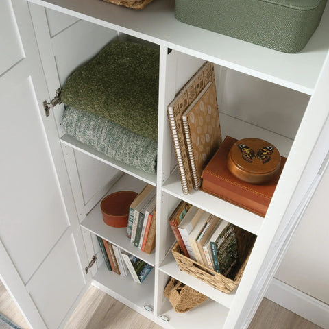 Interior of White Finish Double Door Storage Cabinet With Adjustable Shelves For Pantry Kitchen Or Home Office Sleek Space Saving Organizer