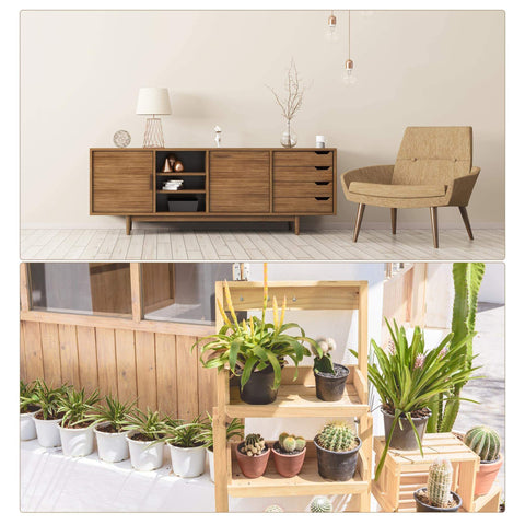 Wooden furniture with shelves and chair indoors, decorative plants outside on wooden shelf