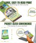 Golf Cheat Sheets Pocket Guide showing large print, size comparison with smartphone, highlighting easy reading and pocket-sized convenience.