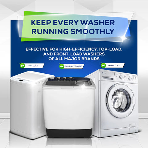 Washing Machine Cleaner Tablets 24 Pack Nukes That Stale Washer Funk And Stubborn Residue For Top Load Front Load HE Machines displayed by various washer types.