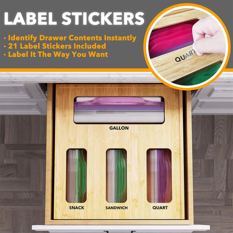 Durable Bamboo Bag Holder For Kitchen Drawer Fits Gallon Quart Sandwich Snack Bags with labels for easy organization.